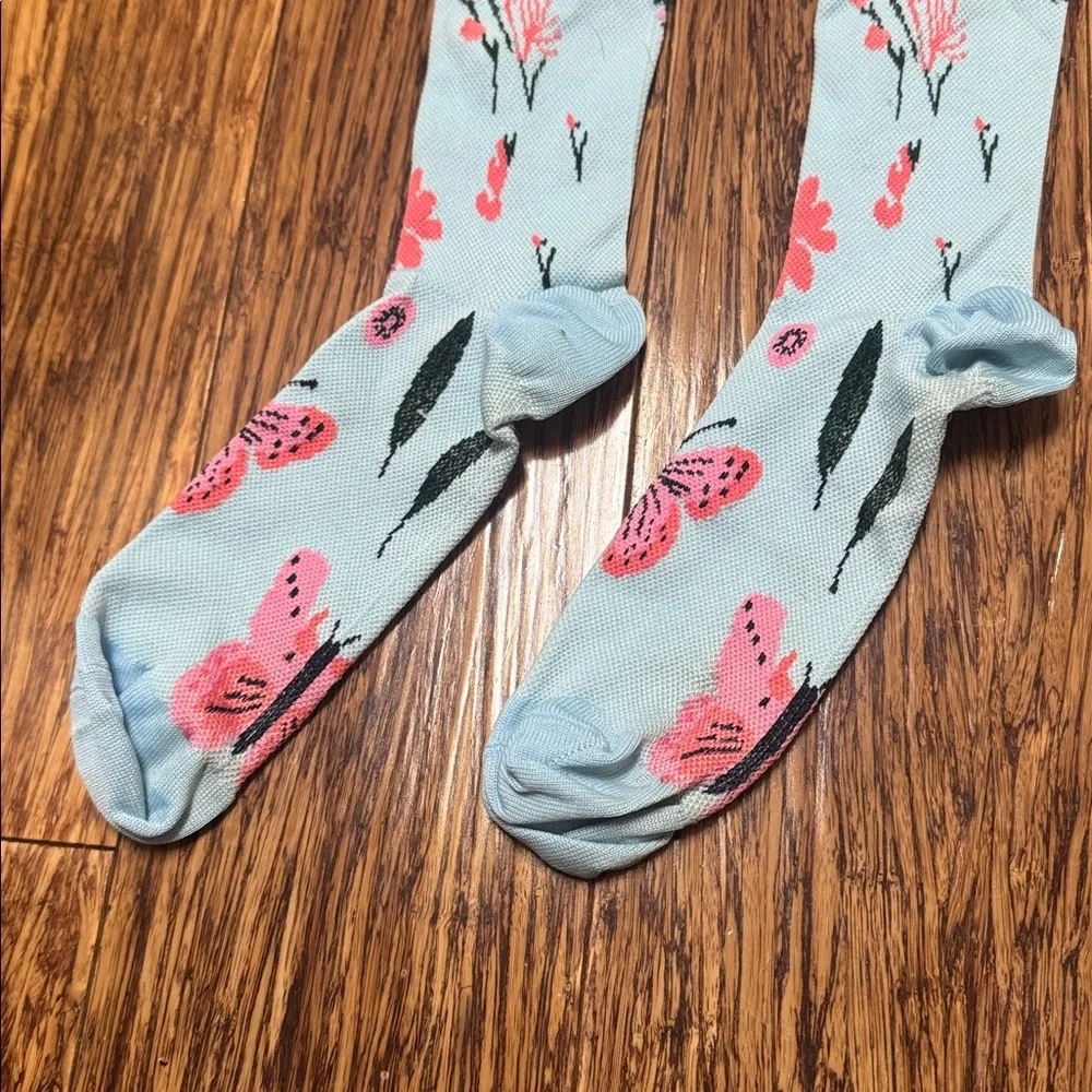 Light blue pink floral butterfly print knee high compression socks